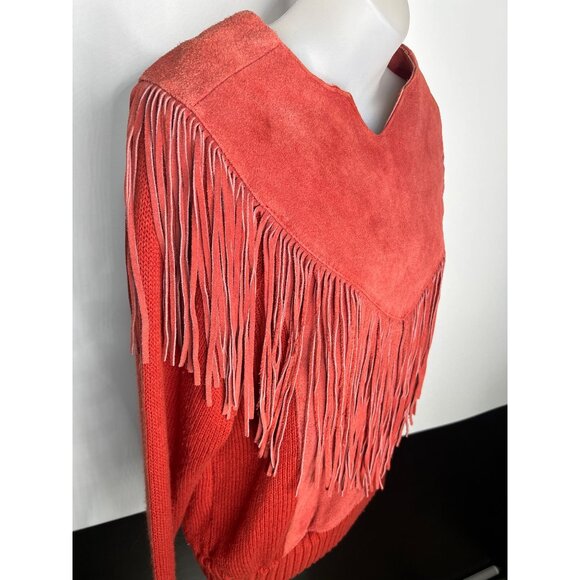 Pioneer Wear Sweater LARGE Cowgirl Cowboy Carter Fringe Suede Orange VTG 70s 80s - Picture 3 of 12